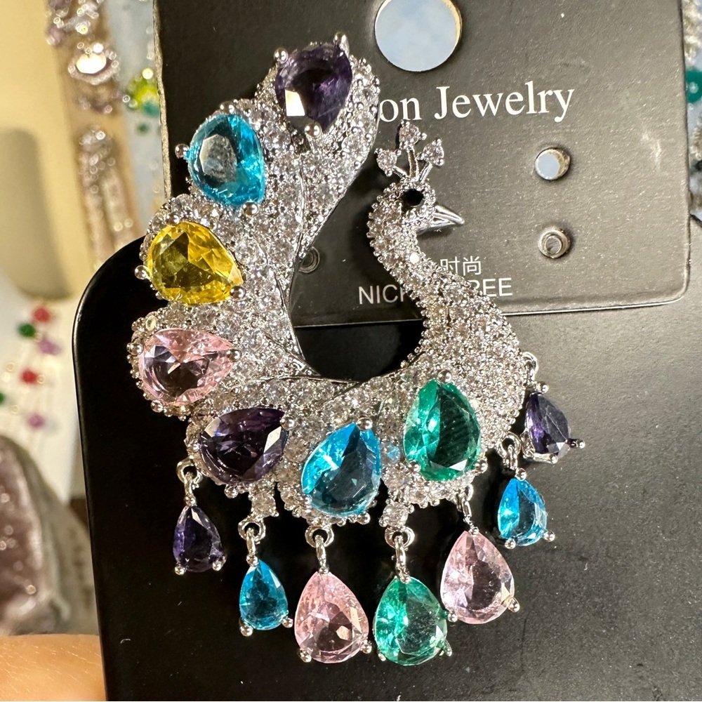 Giant Multicolor Peacock Earrings, Party Earrings 2×1.25 inches